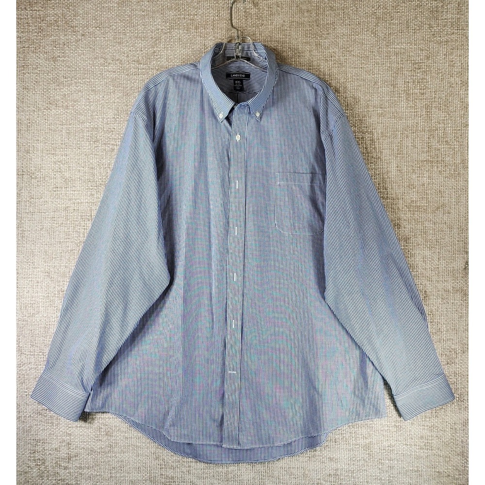 Lands‎ End No Iron Supima Cotton Pinpoint Shirt Mens XXL Blue Gingham Button EUC